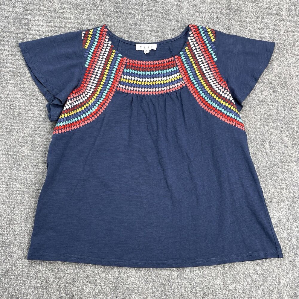 THML Top Womens Size Medium Navy Embroidered Flutter Sleeve Blouse Cotton